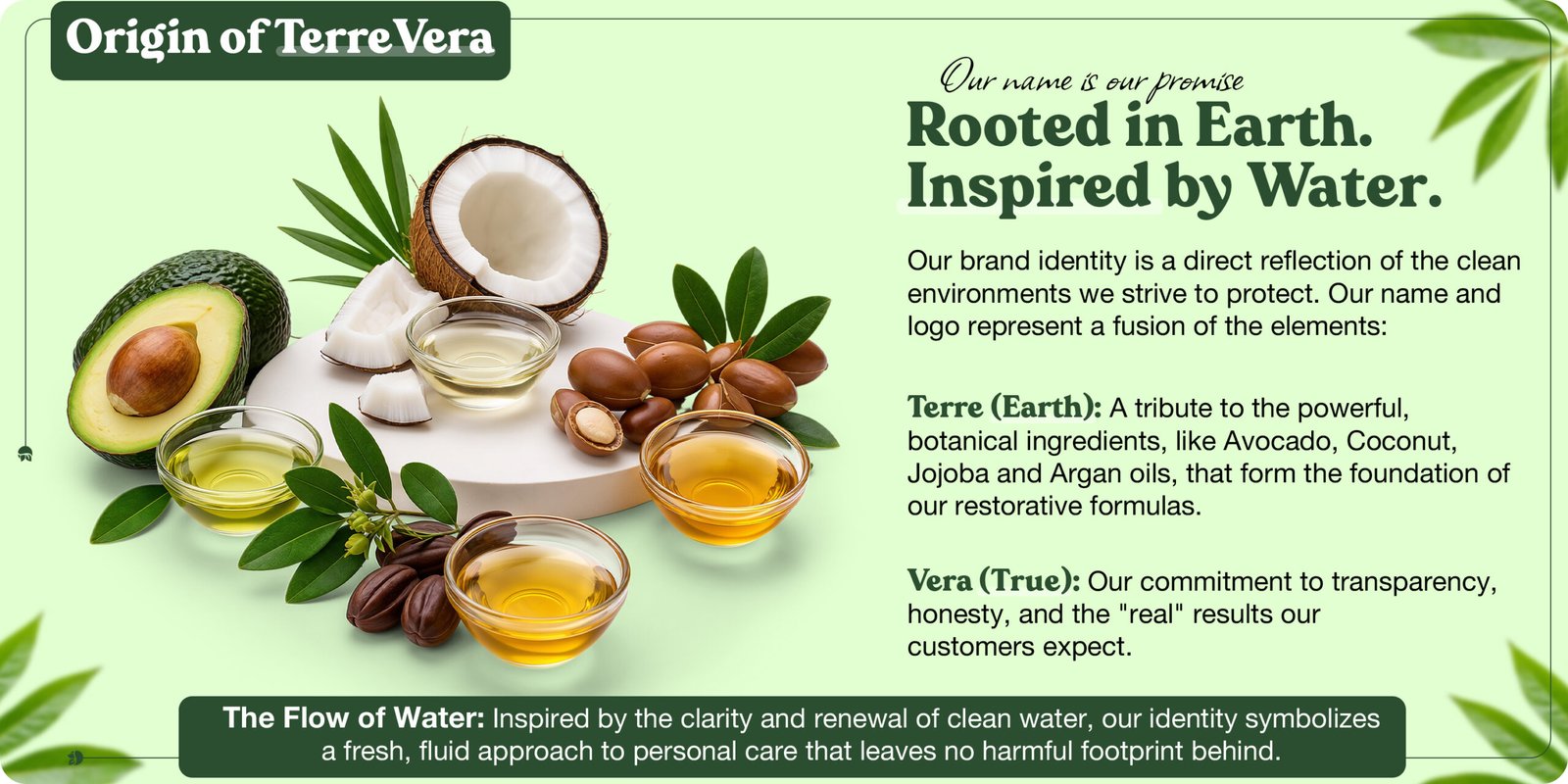 Origin of TerreVeraOur name is our promiseRooted in Earth.Inspired by Water.Our brand identity is a direct reflection of the clean environments we strive to protect. Our name and logo represent a fusion of the elements:Terre (Earth): A tribute to the powerful, botanical ingredients, like Avocado, Coconut, Jojoba and Argan oils, that form the foundation of our restorative formulas.Vera (True): Our commitment to transparency, honesty, and the "real" results our customers expect.The Flow of Water: Inspired by the clarity and renewal of clean water, our identity symbolizes a fresh, fluid approach to personal care that leaves no harmful footprint behind.