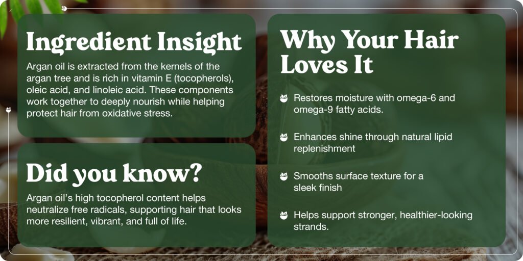 Why Your Hair Loves It
Restores moisture with omega-6 and omega-9 fatty acids.
Enhances shine through natural lipid replenishment
Smooths surface texture for a sleek finish
Helps support stronger, healthier-looking strands.

Ingredient Insight
Argan oil is extracted from the kernels of the argan tree and is rich in vitamin E (tocopherols), oleic acid, and linoleic acid. These components work together to deeply nourish while helping protect hair from oxidative stress.

Did you know?
Argan oil's high tocopherol content helps neutralize free radicals, supporting hair that looks more resilient, vibrant, and full of life.