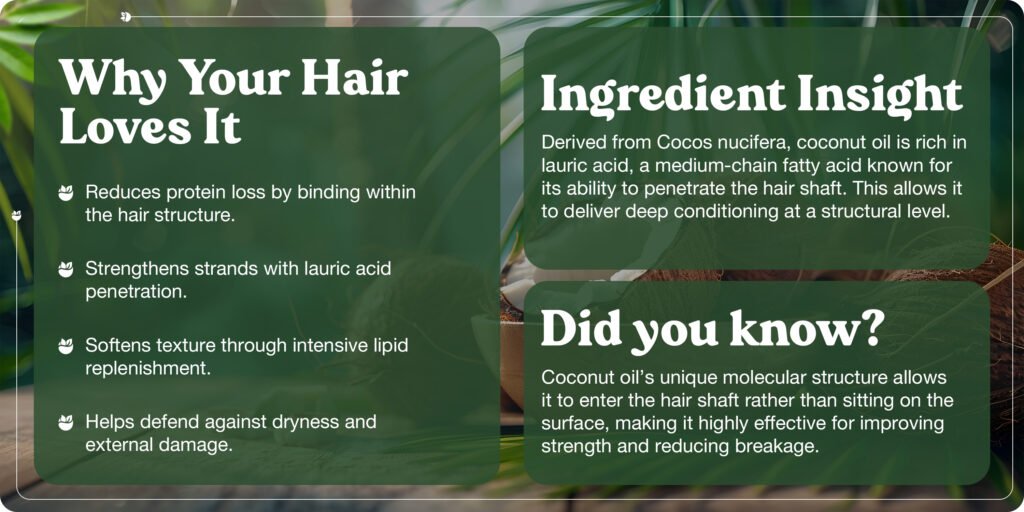 Why Your Hair Loves It
Reduces protein loss by binding within the hair structure.
Strengthens strands with lauric acid penetration.
Softens texture through intensive lipid replenishment.
Helps defend against dryness and external damage.

Ingredient Insight
Derived from Cocos nucifera, coconut oil is rich in lauric acid, a medium-chain fatty acid known for
its ability to penetrate the hair shaft. This allows it to deliver deep conditioning at a structural level.

Did you know?
Coconut oil's unique molecular structure allows it to enter the hair shaft rather than sitting on the surface, making it highly effective for improving strength and reducing breakage.
