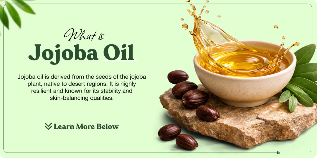 What is Jojoba Oil
Jojoba oil is derived from the seeds of the jojoba plant, native to desert regions. It is highly resilient and known for its stability and skin-balancing qualities.
