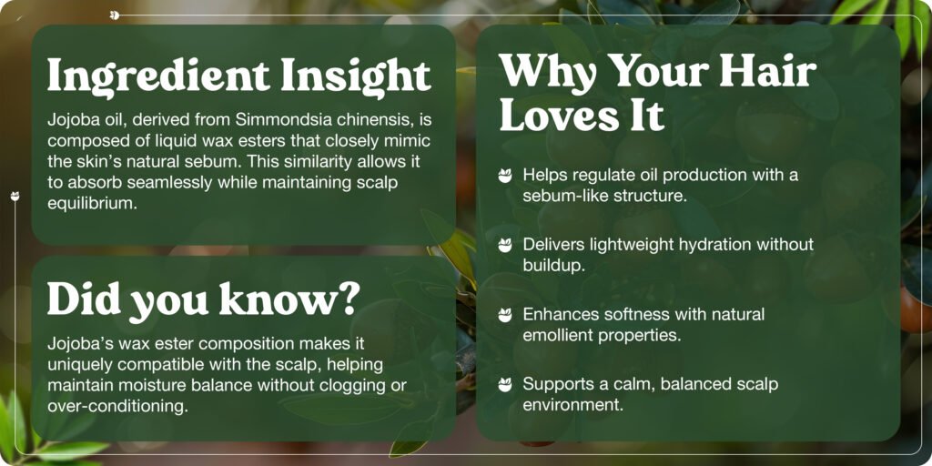Why Your Hair Loves It
Helps regulate oil production with a sebum-like structure.
Delivers lightweight hydration without buildup.
Enhances softness with natural emollient properties.
Supports a calm, balanced scalp environment.

Ingredient Insight
Jojoba oil, derived from Simmondsia chinensis, is composed of liquid wax esters that closely mimic the skin's natural sebum. This similarity allows it to absorb seamlessly while maintaining scalp equilibrium.

Did you know?
Jojoba's wax ester composition makes it uniquely compatible with the scalp, helping maintain moisture balance without clogging or over-conditioning.